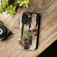Watercolor Ink Splash Tough Phone Case — Abstract Olive, Blush & Charcoal Protective Cover
