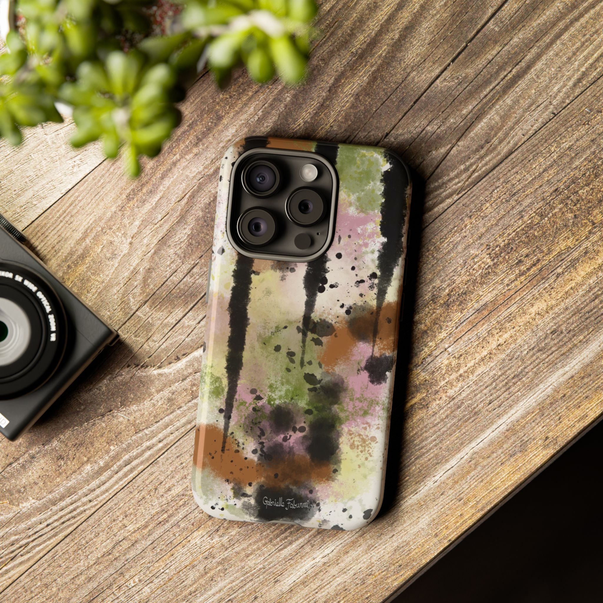 Watercolor Ink Splash Tough Phone Case — Abstract Olive, Blush & Charcoal Protective Cover