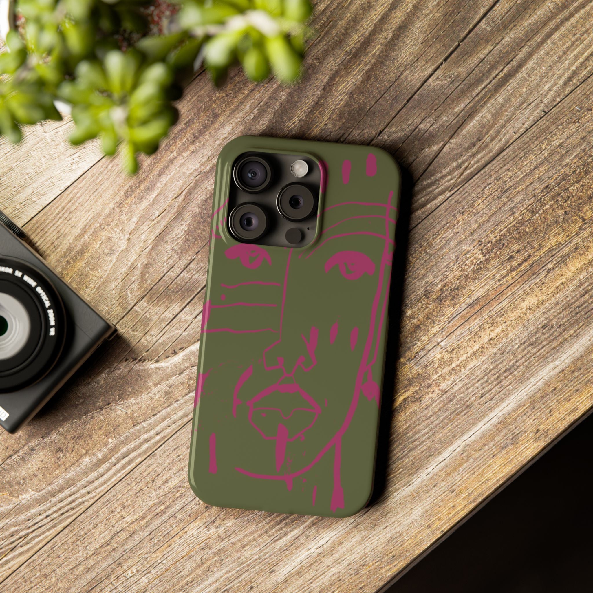Abstract Face Line Art Slim Phone Case | Olive Green with Magenta Sketch