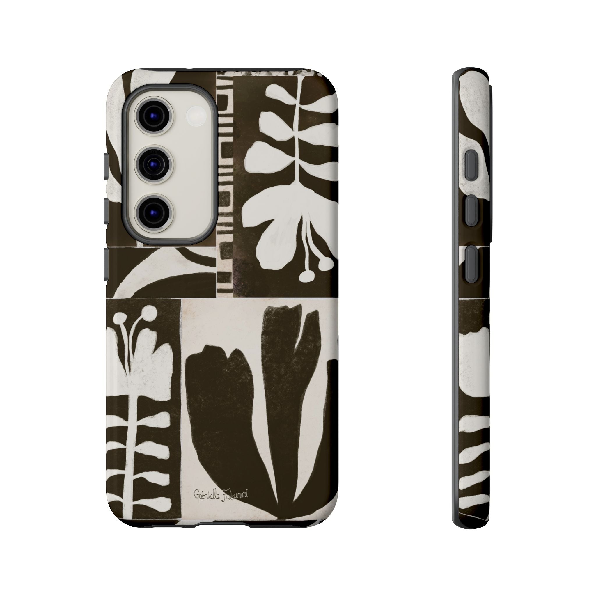 Floral Block Print Tough Phone Case — Black & White Botanical Protective Cover
