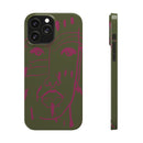 Abstract Face Line Art Slim Phone Case | Olive Green with Magenta Sketch