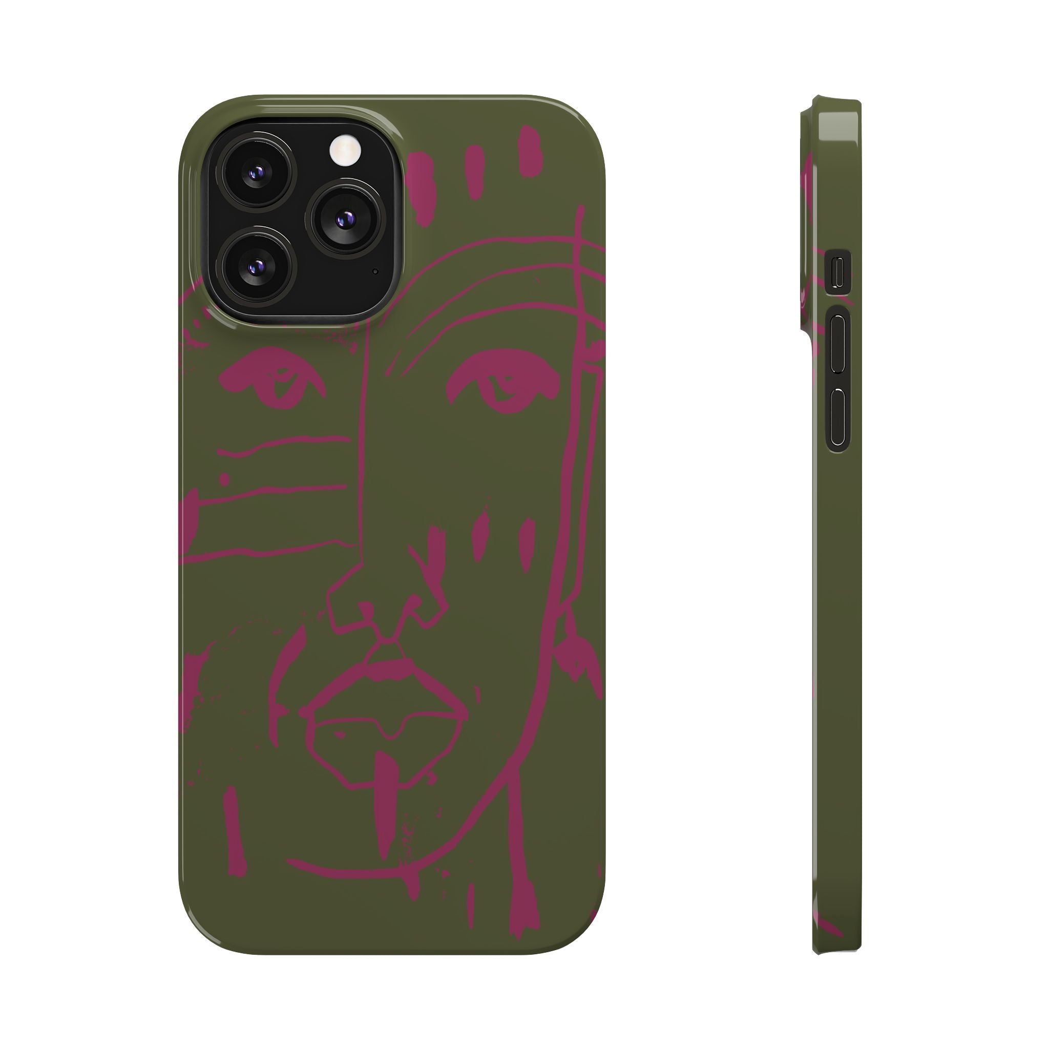 Abstract Face Line Art Slim Phone Case | Olive Green with Magenta Sketch