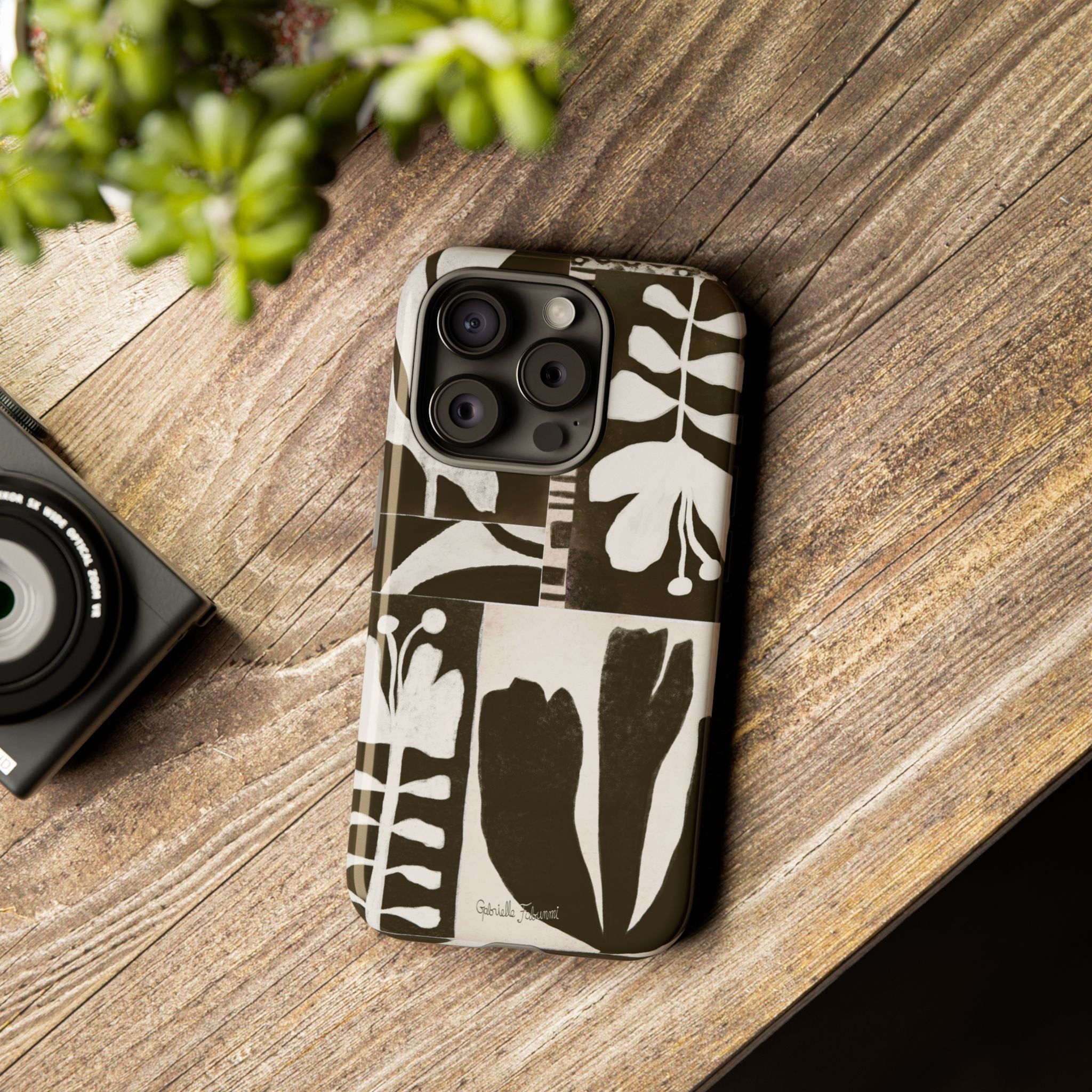 Floral Block Print Tough Phone Case — Black & White Botanical Protective Cover