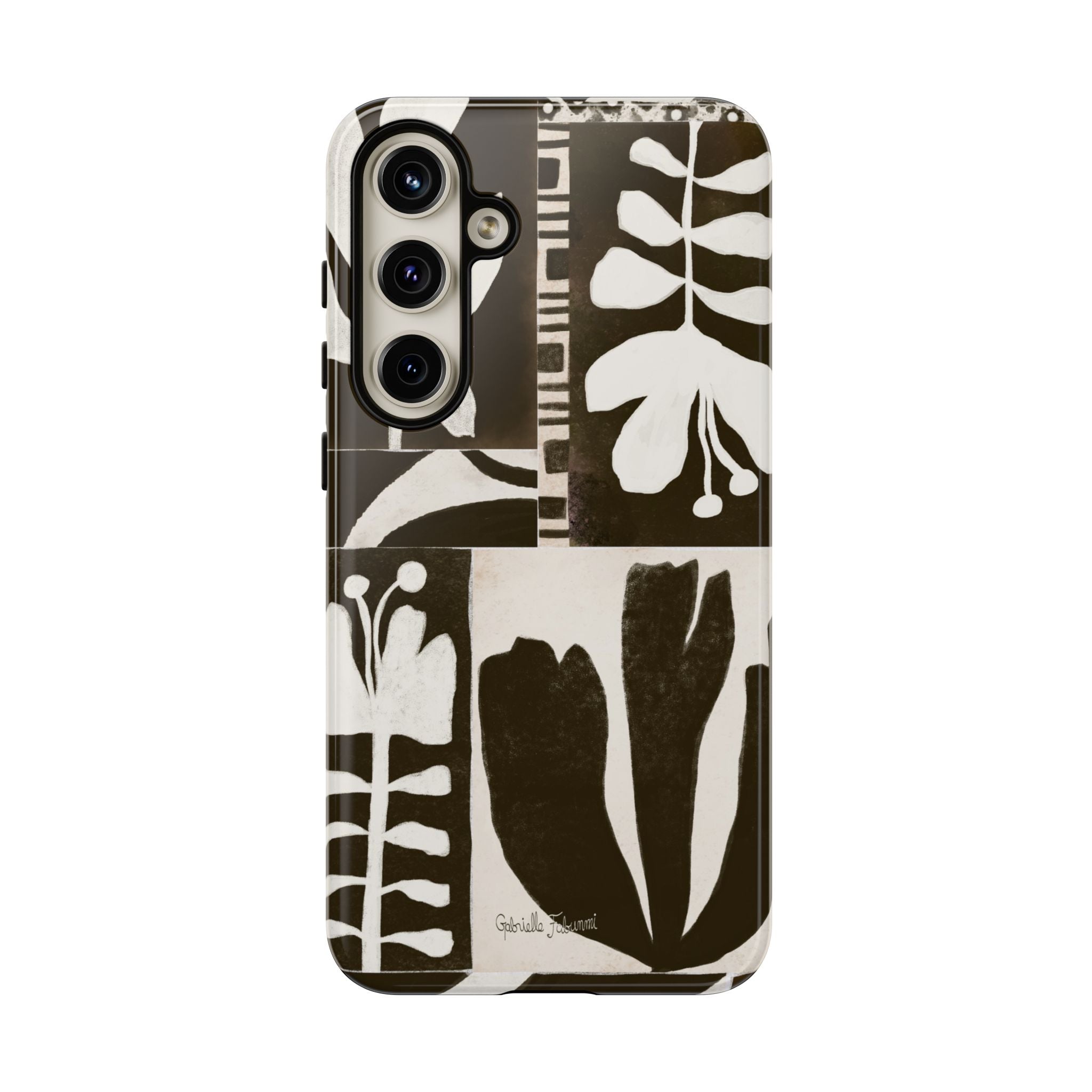 Floral Block Print Tough Phone Case — Black & White Botanical Protective Cover