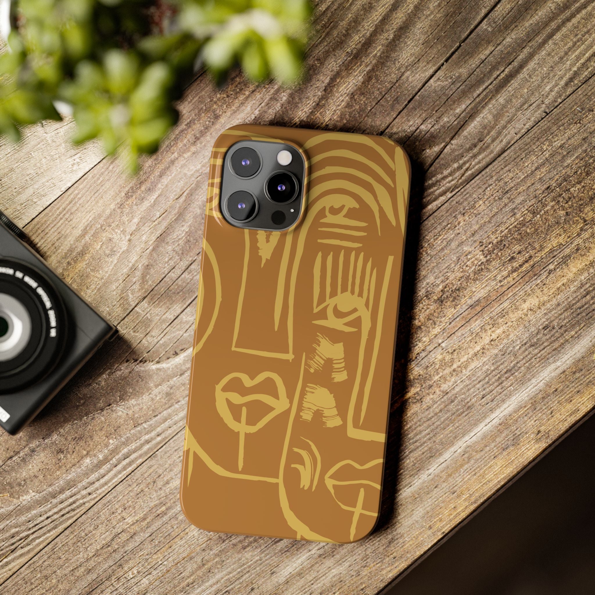 Abstract Face Line Art Slim Phone Case | Minimalist Brown Sketch