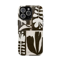 Floral Block Print Tough Phone Case — Black & White Botanical Protective Cover