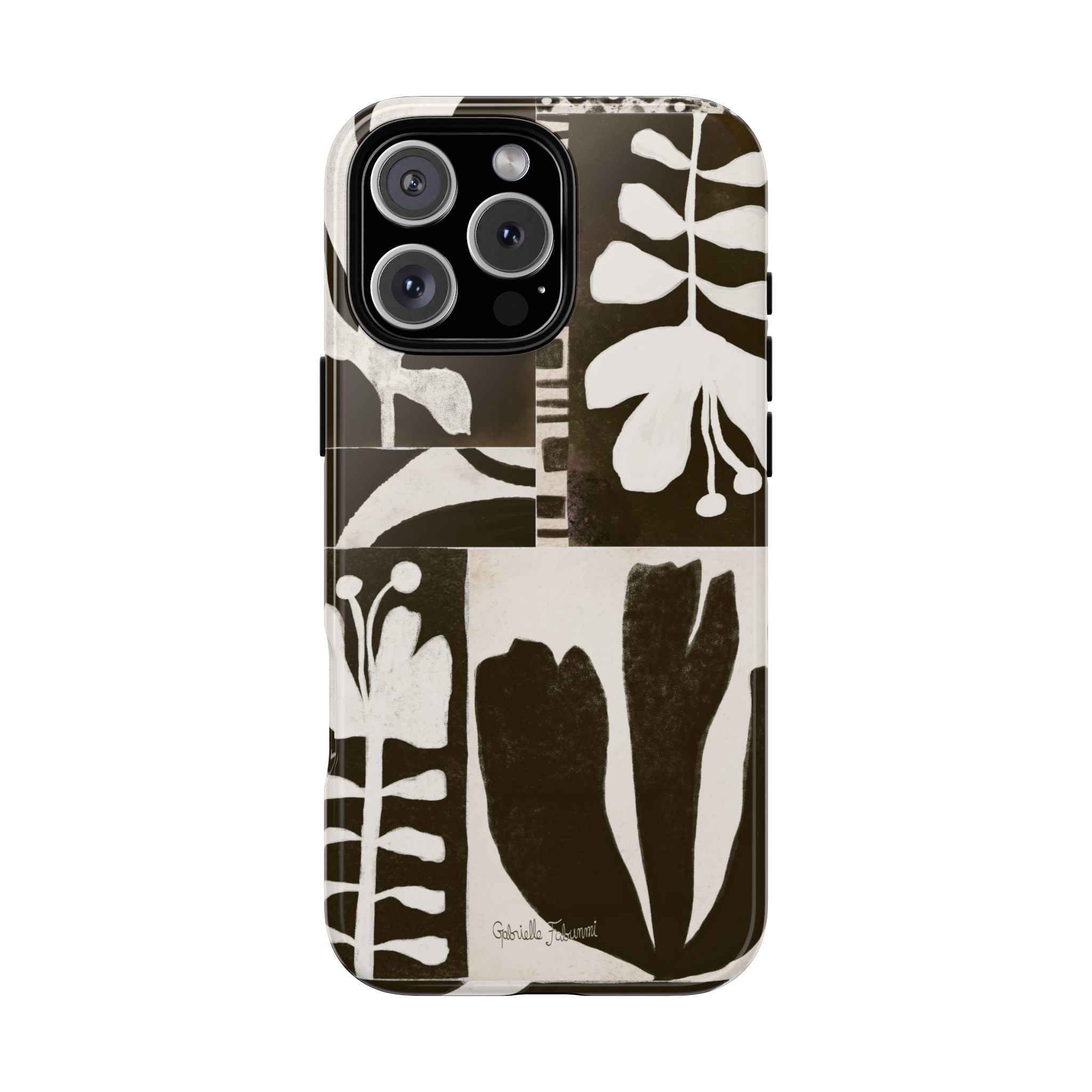 Floral Block Print Tough Phone Case — Black & White Botanical Protective Cover