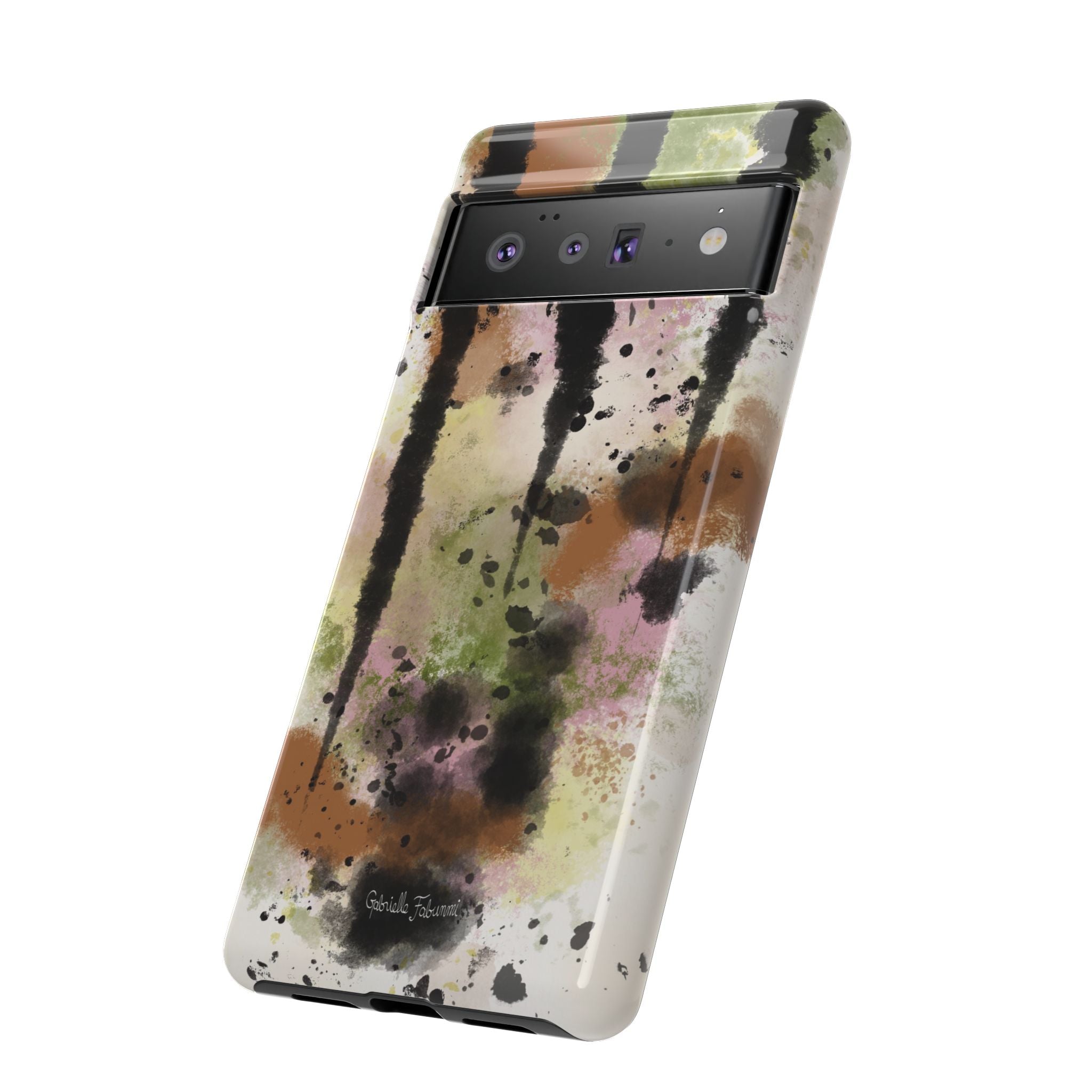Watercolor Ink Splash Tough Phone Case — Abstract Olive, Blush & Charcoal Protective Cover