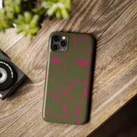 Abstract Face Line Art Slim Phone Case | Olive Green with Magenta Sketch