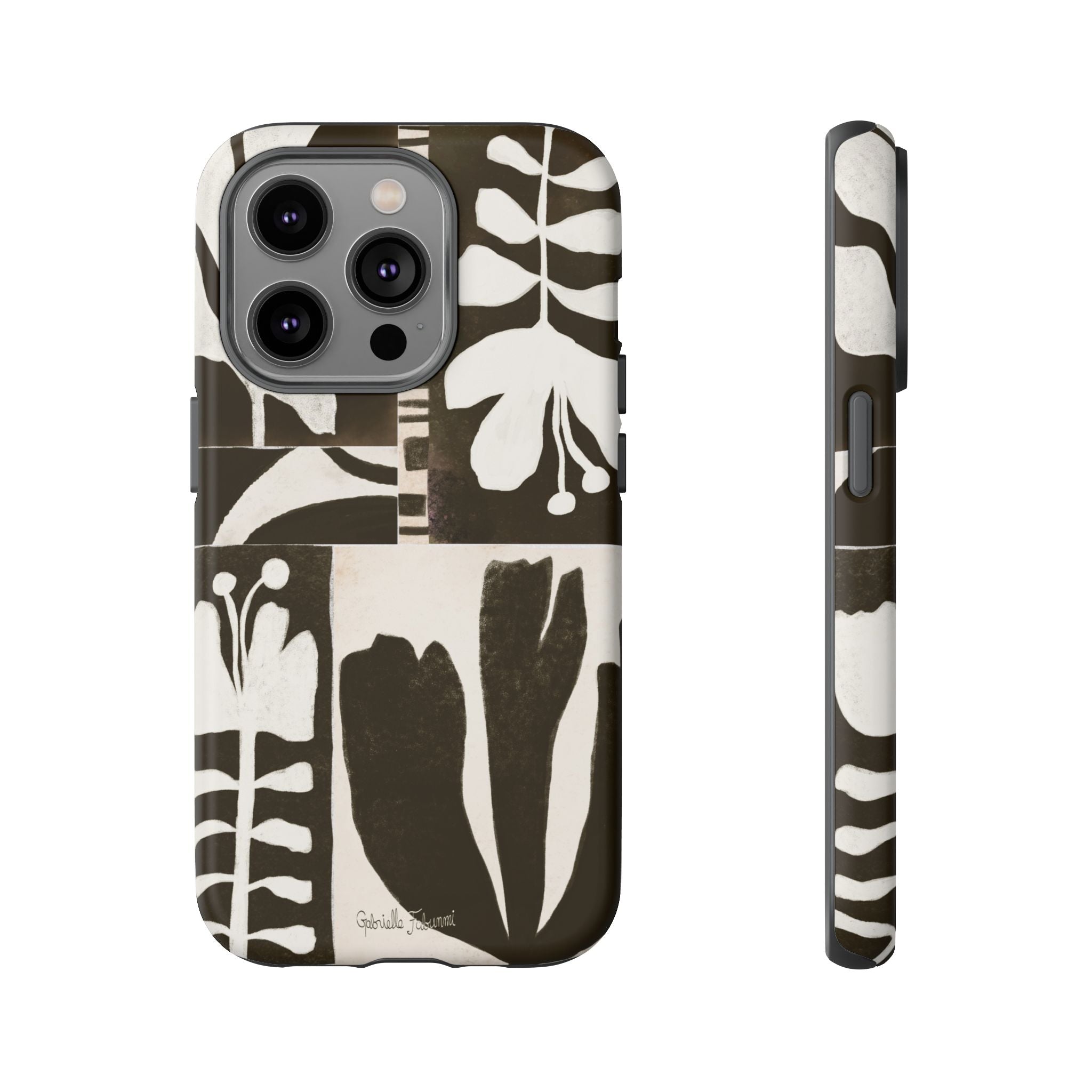 Floral Block Print Tough Phone Case — Black & White Botanical Protective Cover