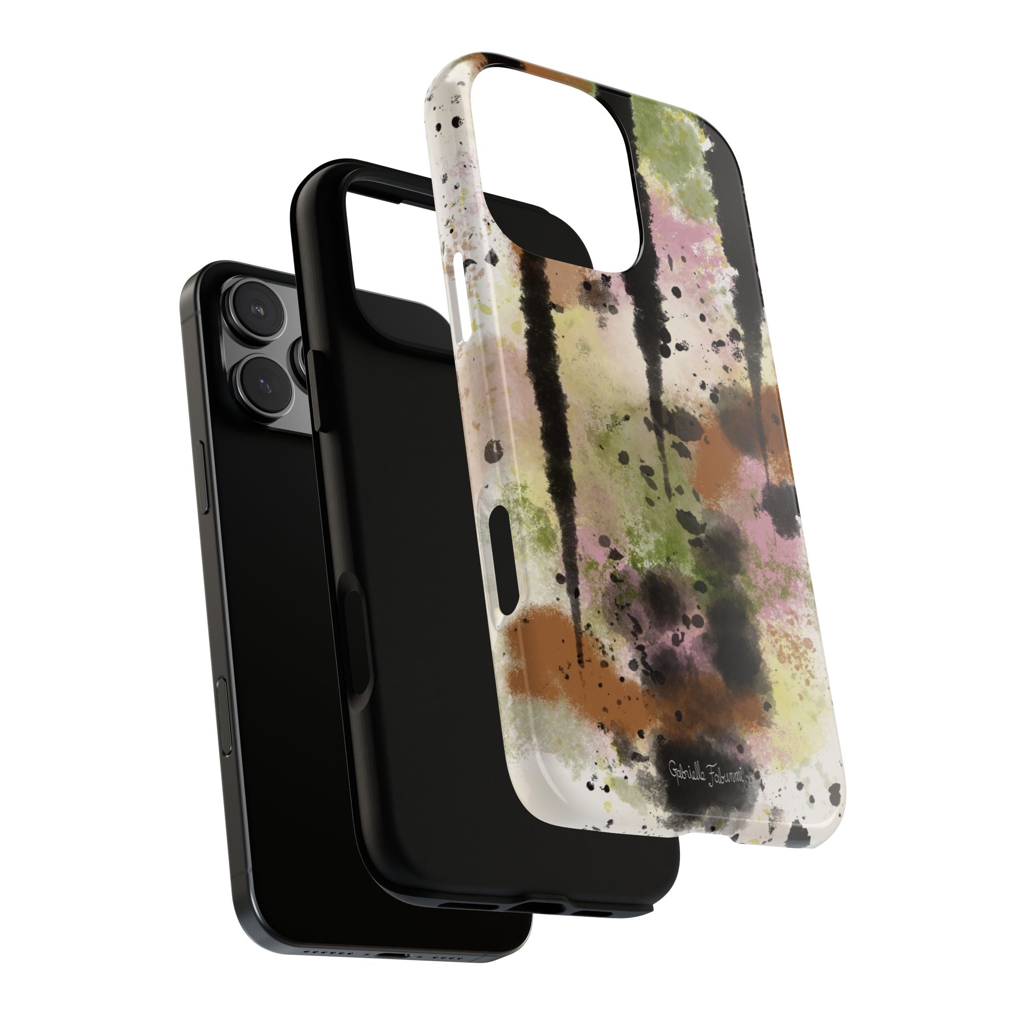 Watercolor Ink Splash Tough Phone Case — Abstract Olive, Blush & Charcoal Protective Cover