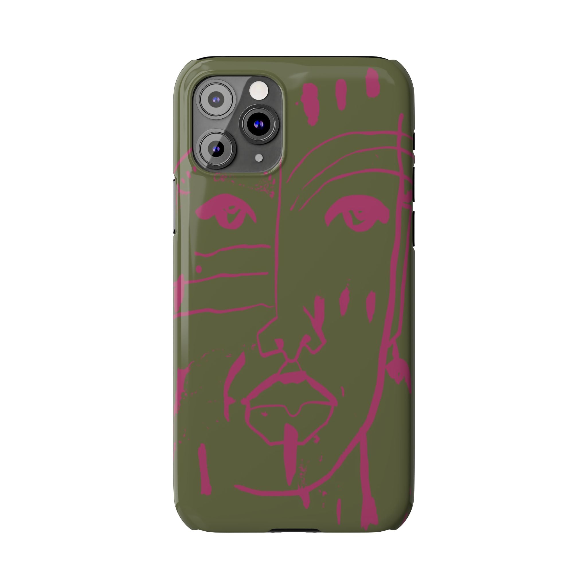 Abstract Face Line Art Slim Phone Case | Olive Green with Magenta Sketch