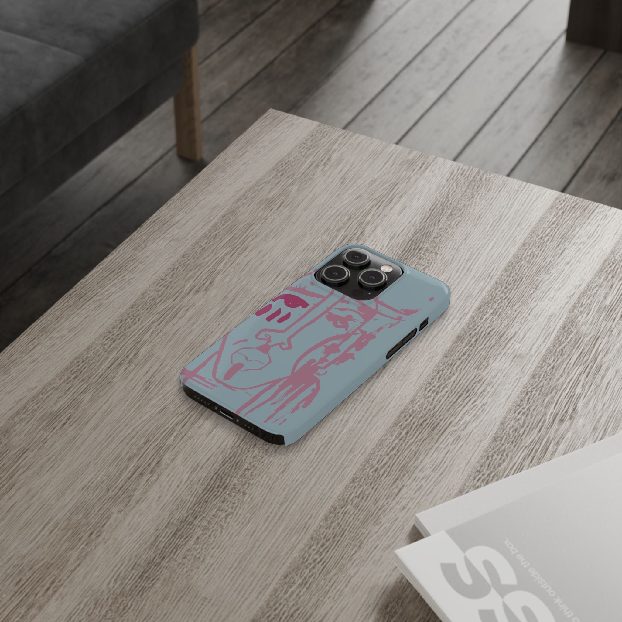 Abstract Line Face Slim Phone Case | Minimalist Portrait, Dusty Blue & Rose