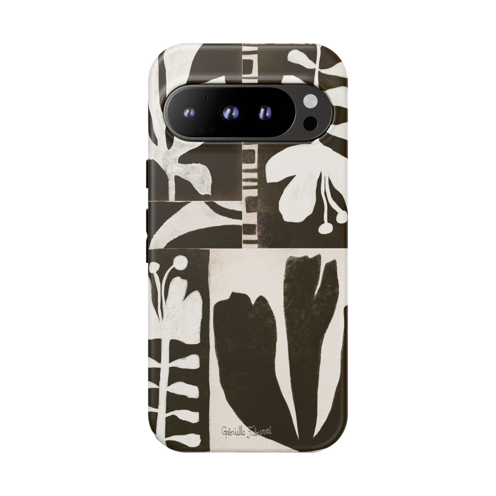 Floral Block Print Tough Phone Case — Black & White Botanical Protective Cover