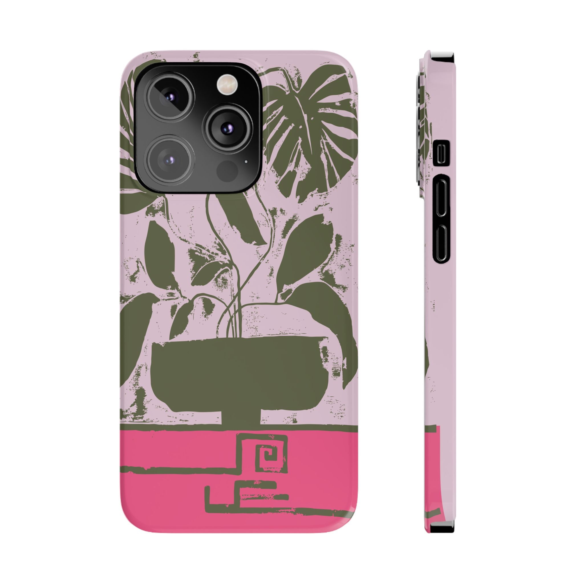 Slim Phone Case — Retro Monstera Plant Pink Green Botanical Design