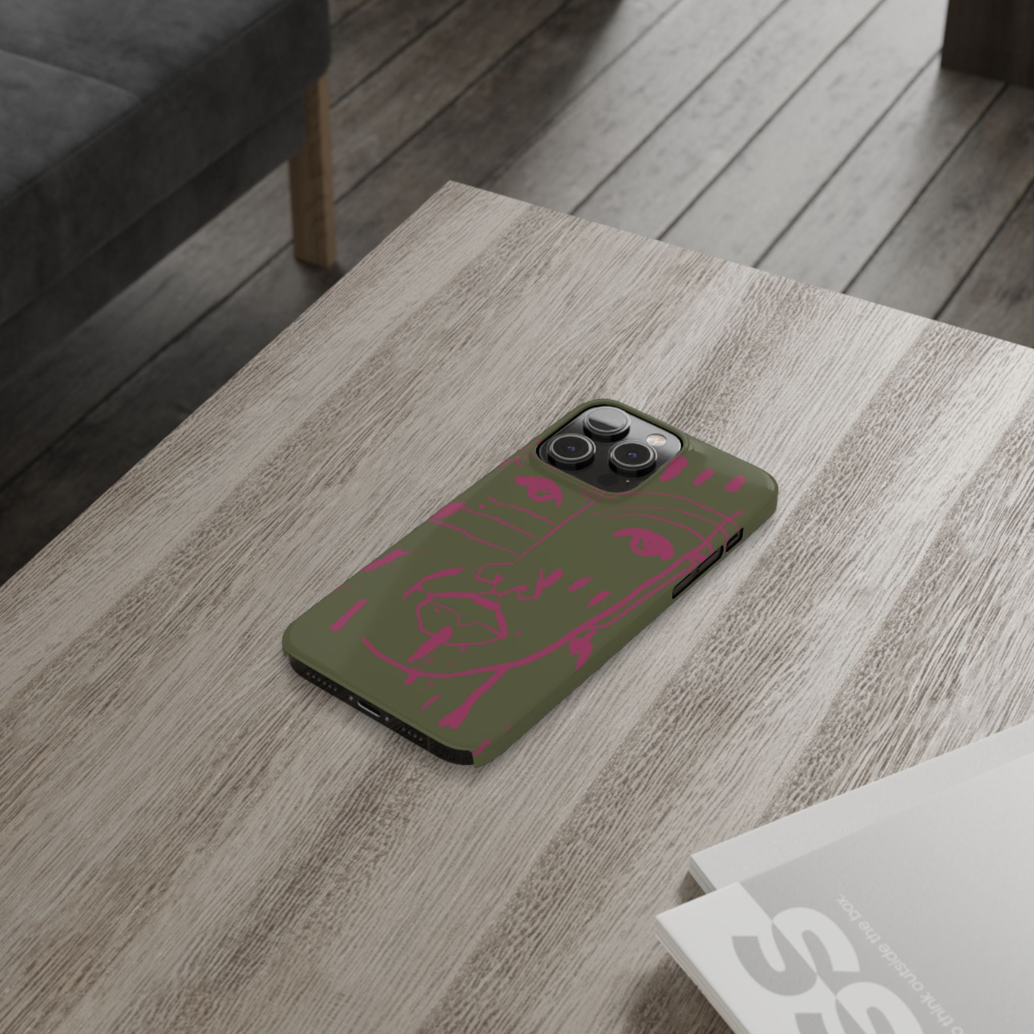 Abstract Face Line Art Slim Phone Case | Olive Green with Magenta Sketch