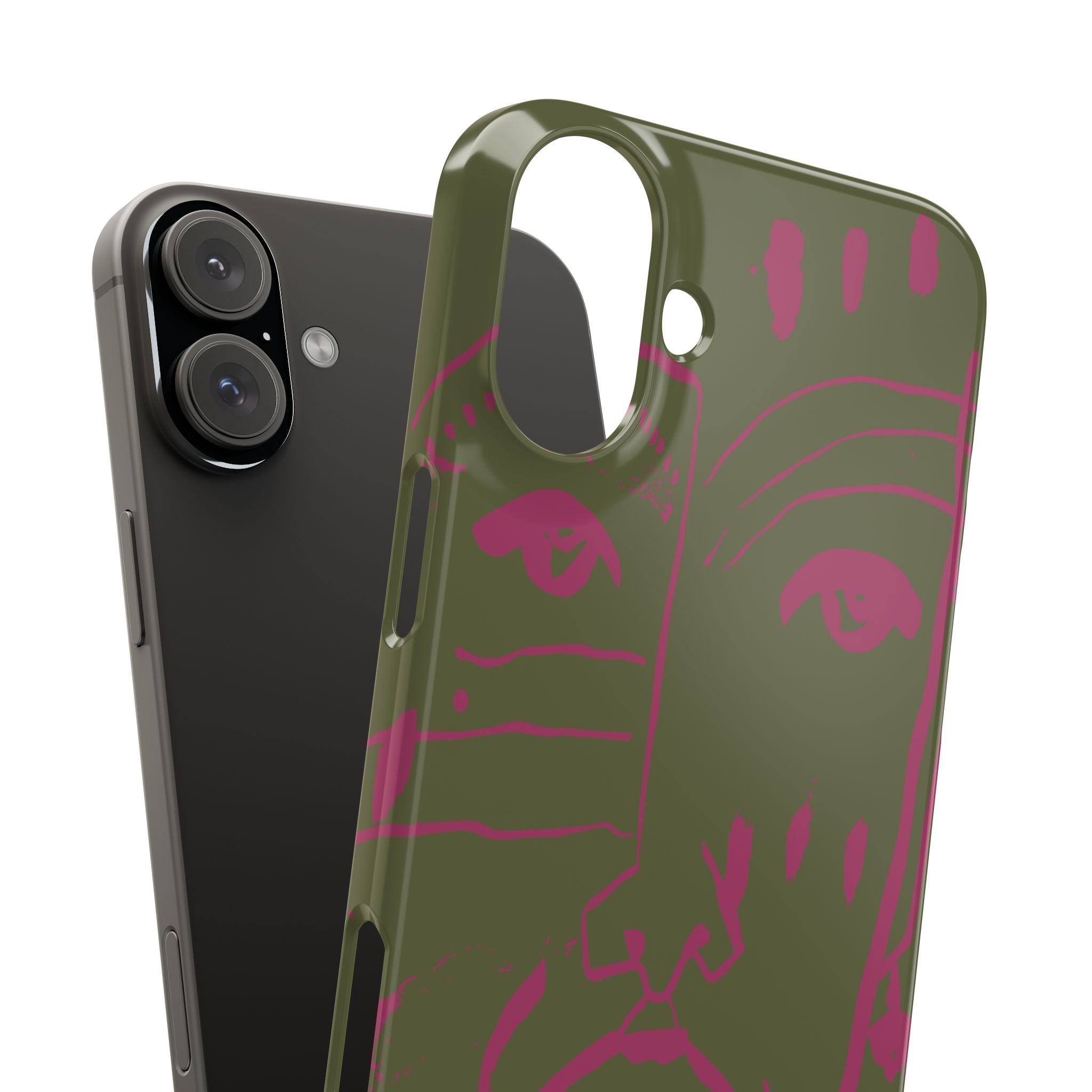 Abstract Face Line Art Slim Phone Case | Olive Green with Magenta Sketch