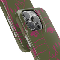 Abstract Face Line Art Slim Phone Case | Olive Green with Magenta Sketch