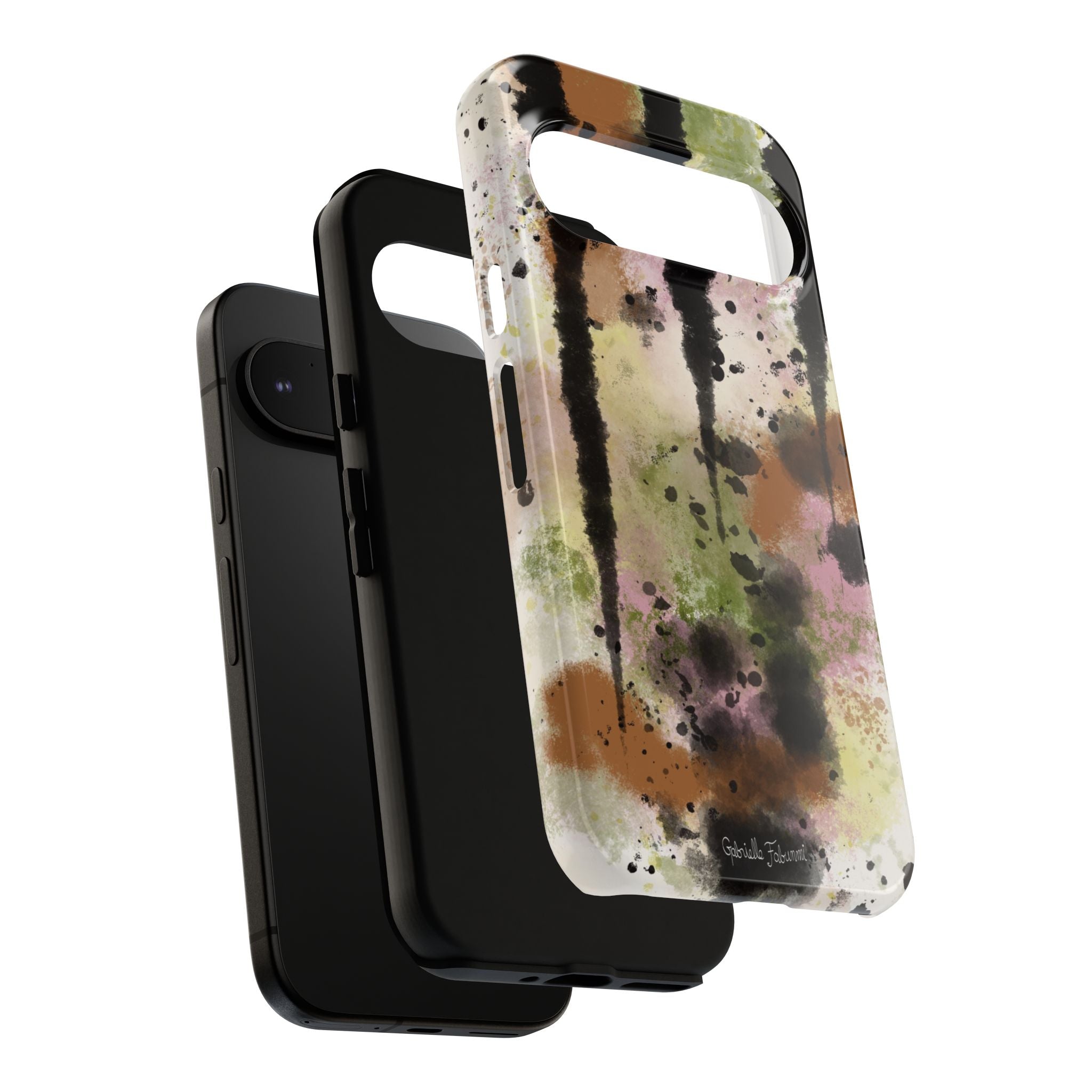 Watercolor Ink Splash Tough Phone Case — Abstract Olive, Blush & Charcoal Protective Cover