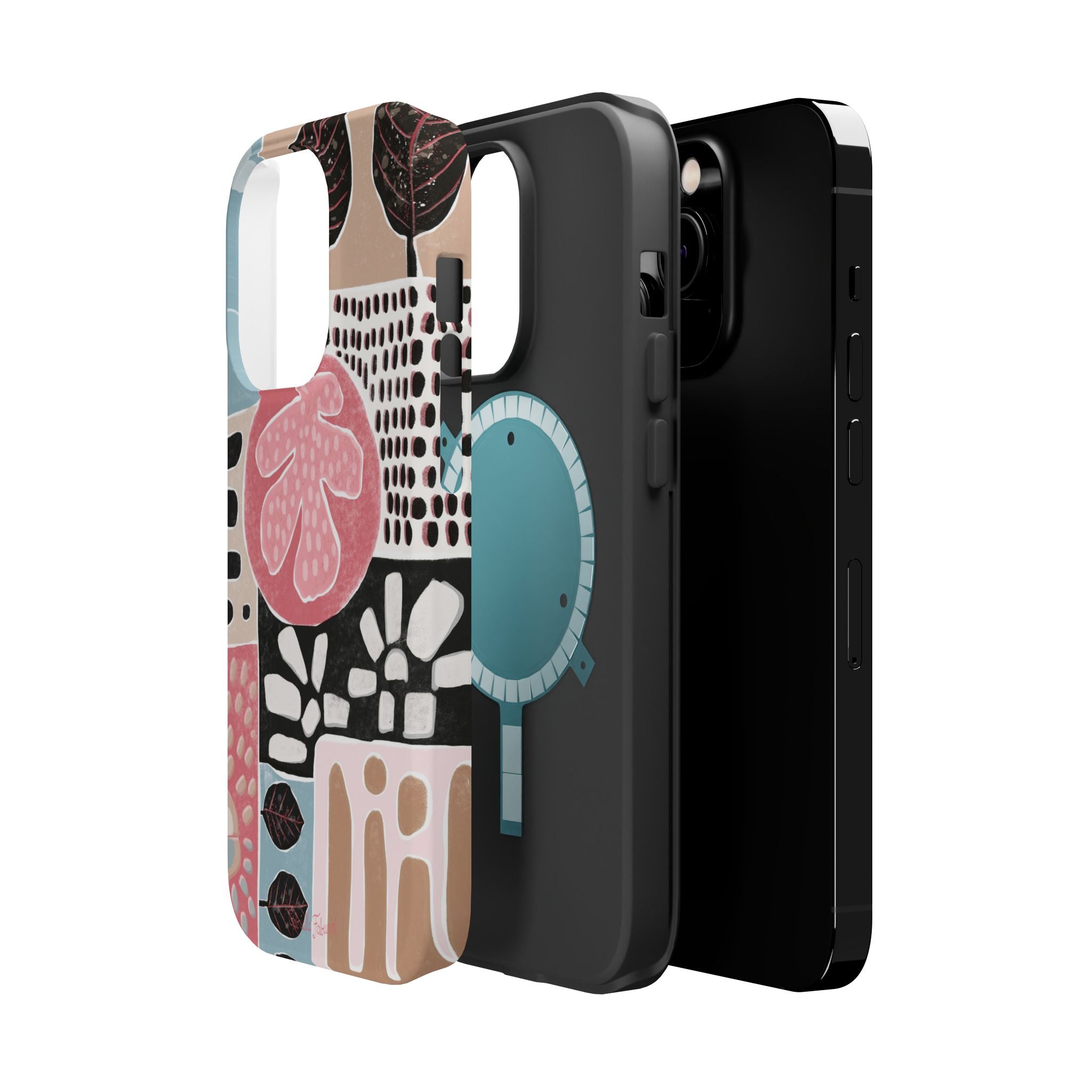 Abstract Floral Magnetic Phone Case — Impact-Resistant Protective Cover with Pink & Teal Collage Design