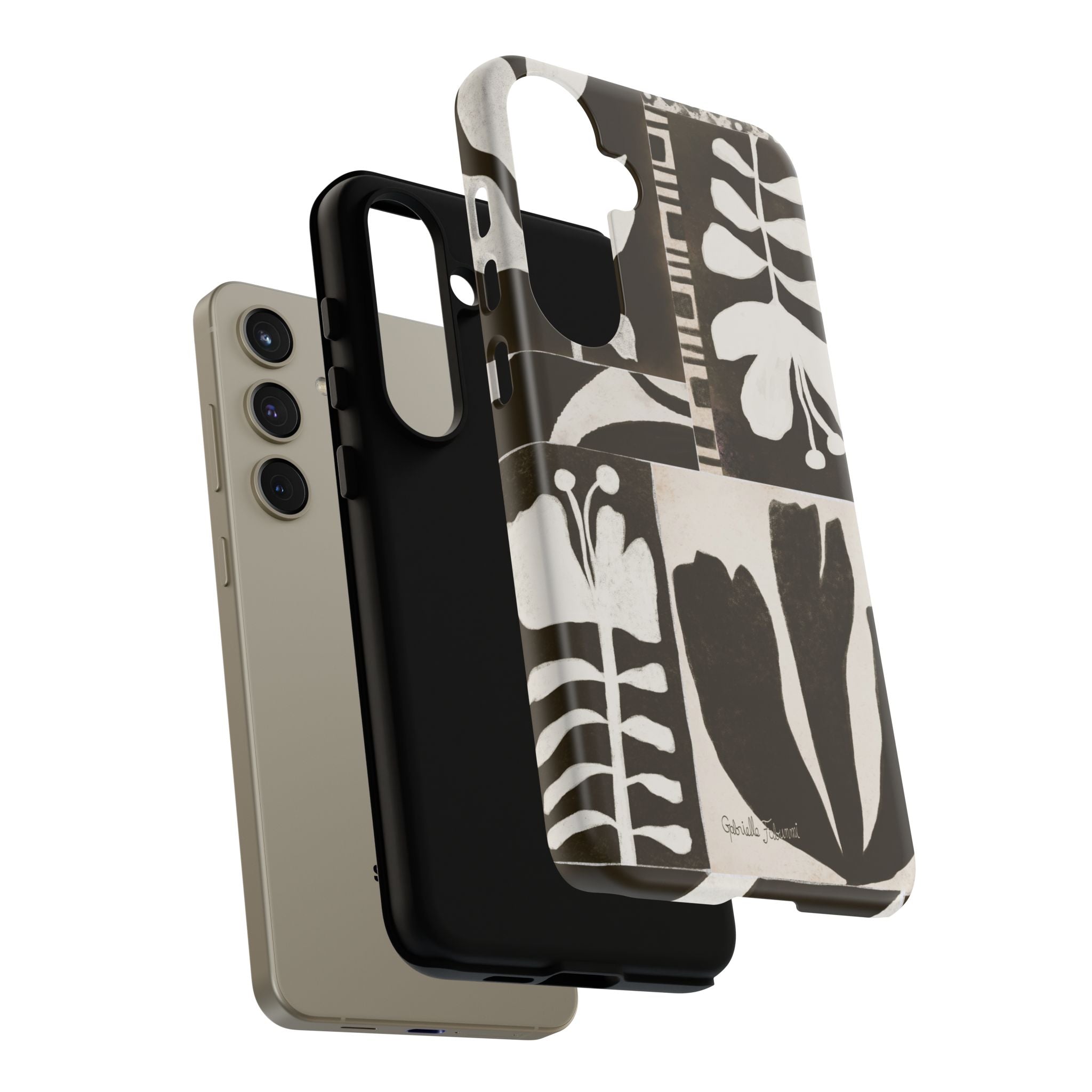 Floral Block Print Tough Phone Case — Black & White Botanical Protective Cover