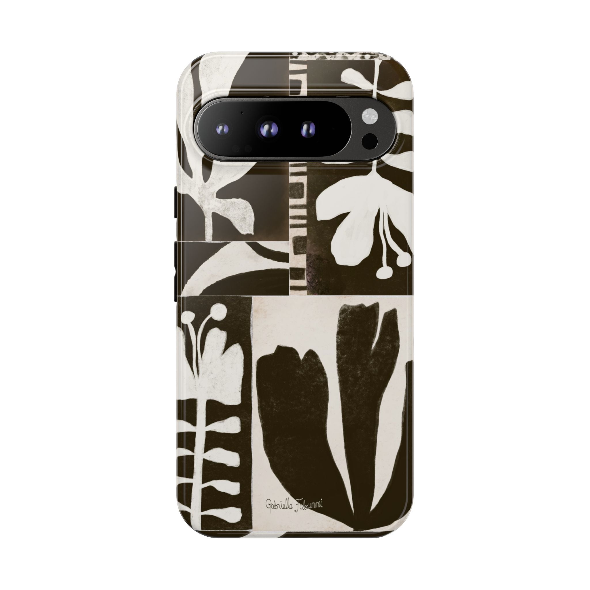 Floral Block Print Tough Phone Case — Black & White Botanical Protective Cover