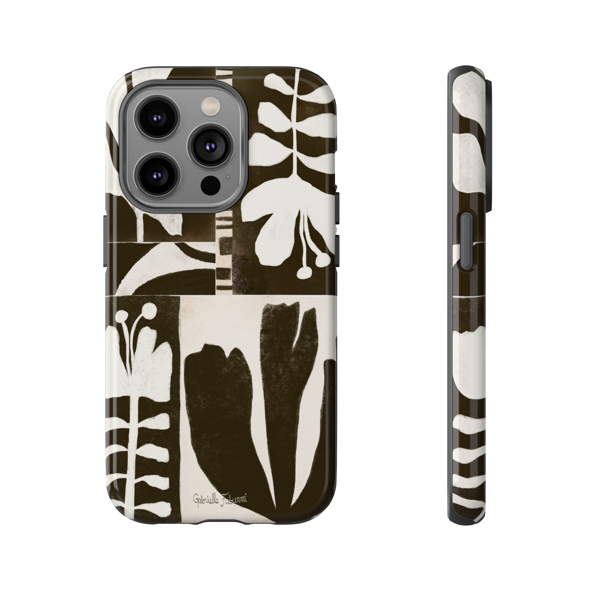 Floral Block Print Tough Phone Case — Black & White Botanical Protective Cover