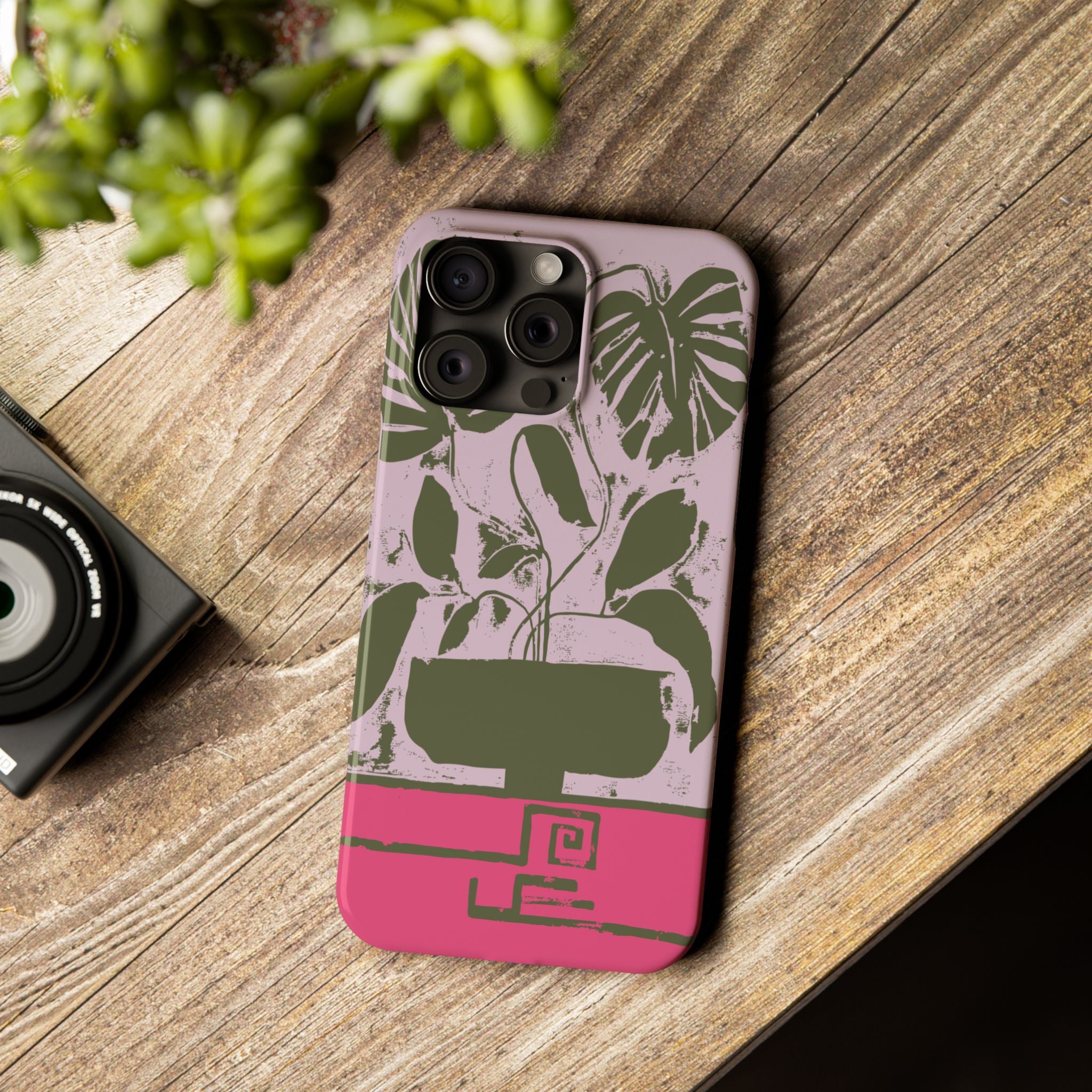 Slim Phone Case — Retro Monstera Plant Pink Green Botanical Design