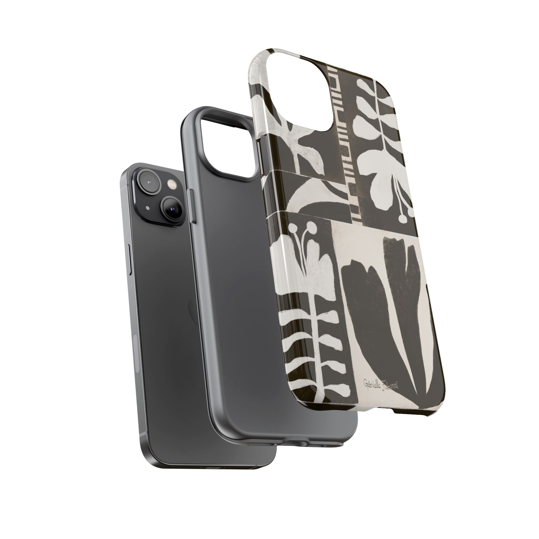 Floral Block Print Tough Phone Case — Black & White Botanical Protective Cover