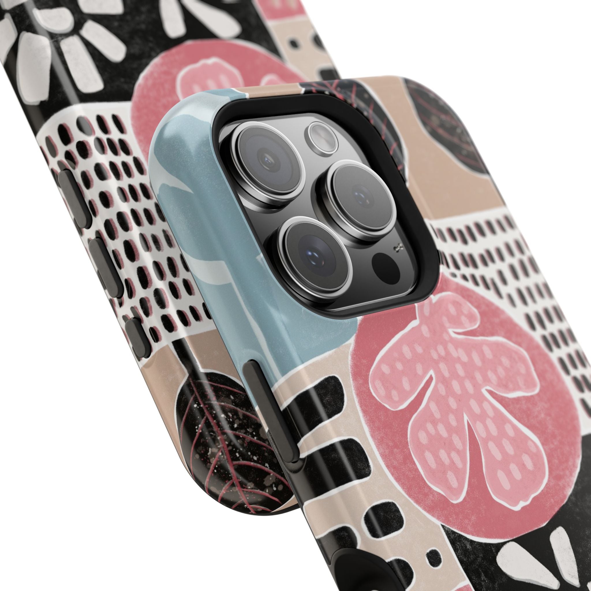 Abstract Floral Magnetic Phone Case — Impact-Resistant Protective Cover with Pink & Teal Collage Design