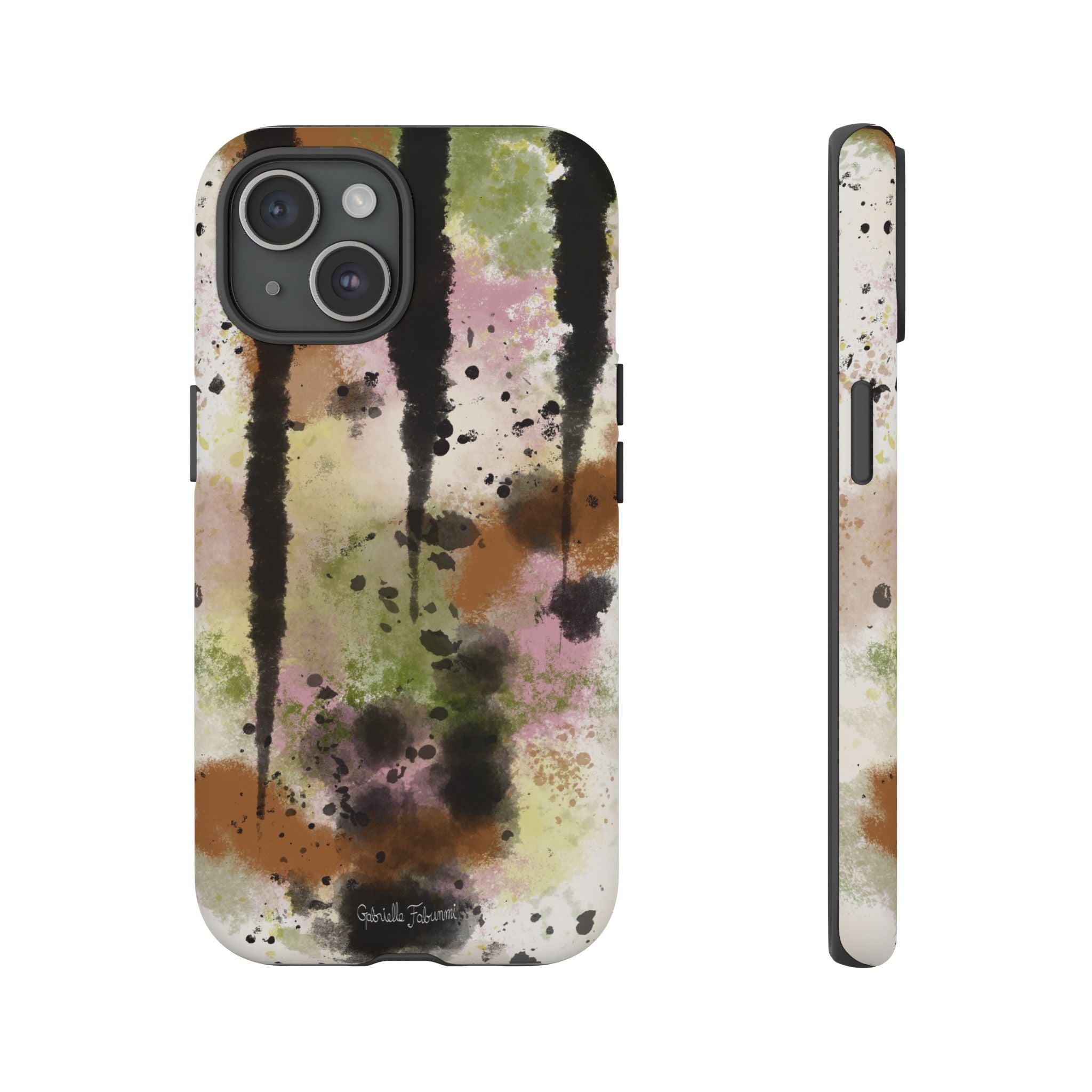 Watercolor Ink Splash Tough Phone Case — Abstract Olive, Blush & Charcoal Protective Cover