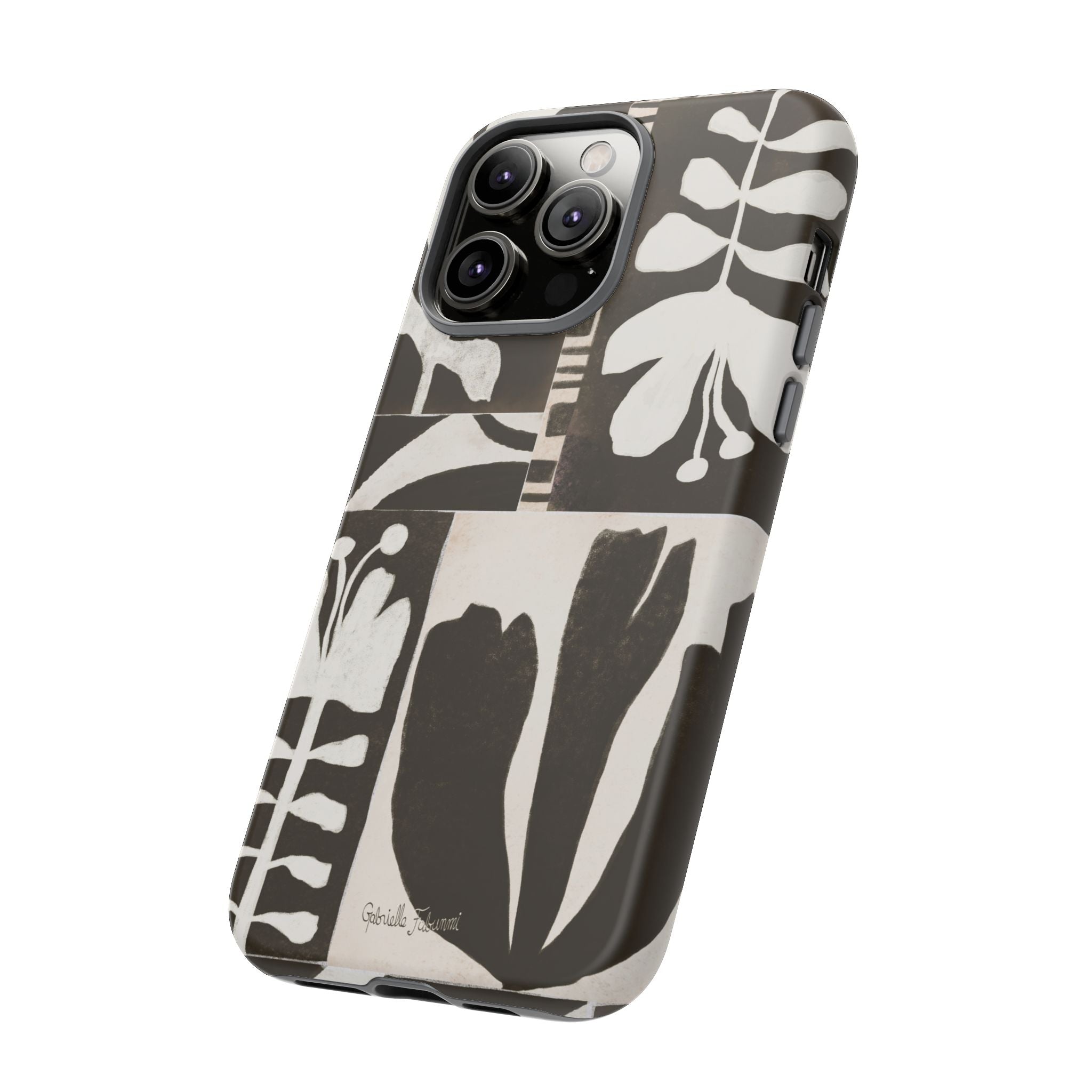 Floral Block Print Tough Phone Case — Black & White Botanical Protective Cover