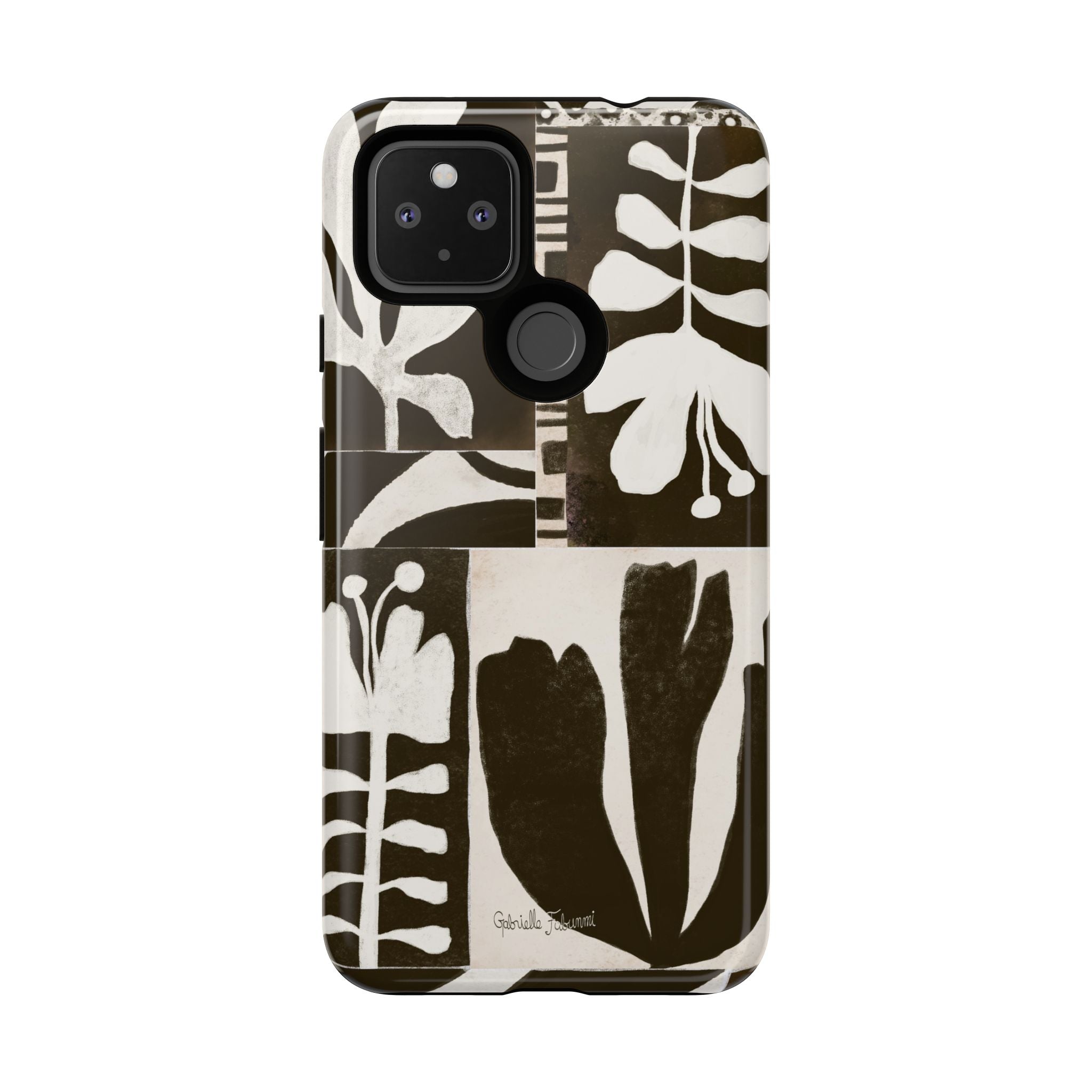 Floral Block Print Tough Phone Case — Black & White Botanical Protective Cover