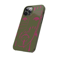 Abstract Face Line Art Slim Phone Case | Olive Green with Magenta Sketch
