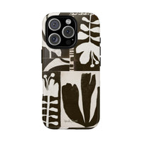 Floral Block Print Tough Phone Case — Black & White Botanical Protective Cover