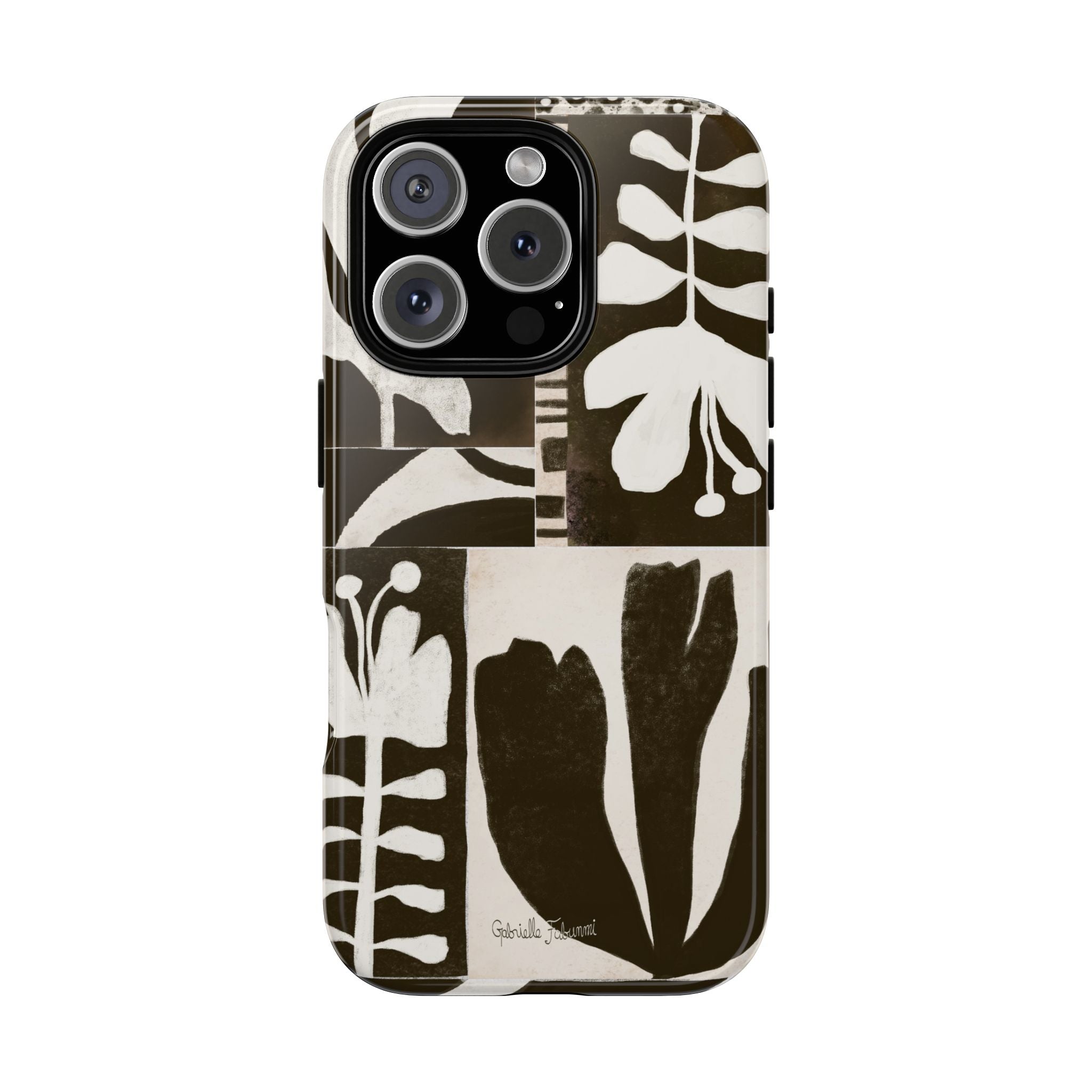 Floral Block Print Tough Phone Case — Black & White Botanical Protective Cover