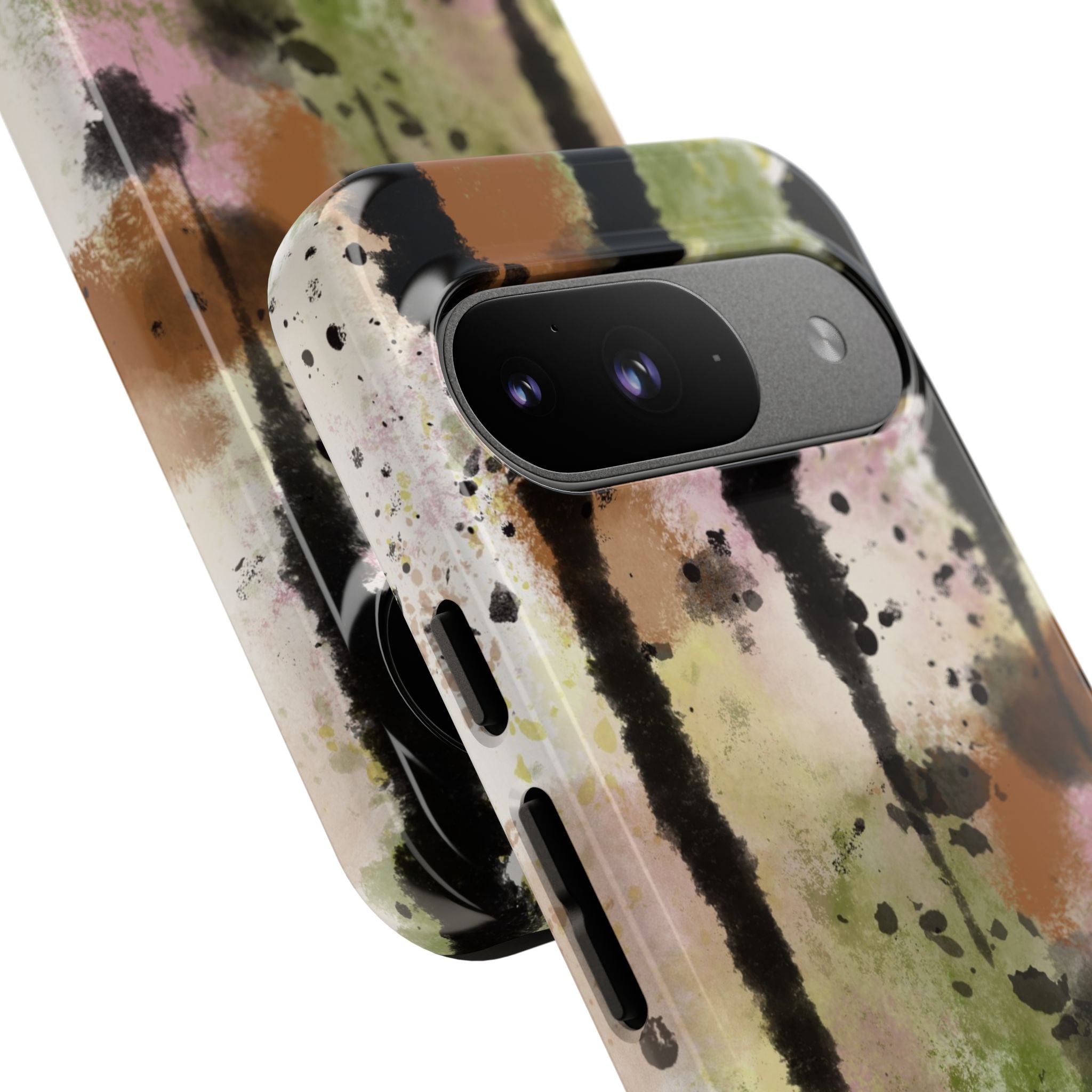 Watercolor Ink Splash Tough Phone Case — Abstract Olive, Blush & Charcoal Protective Cover
