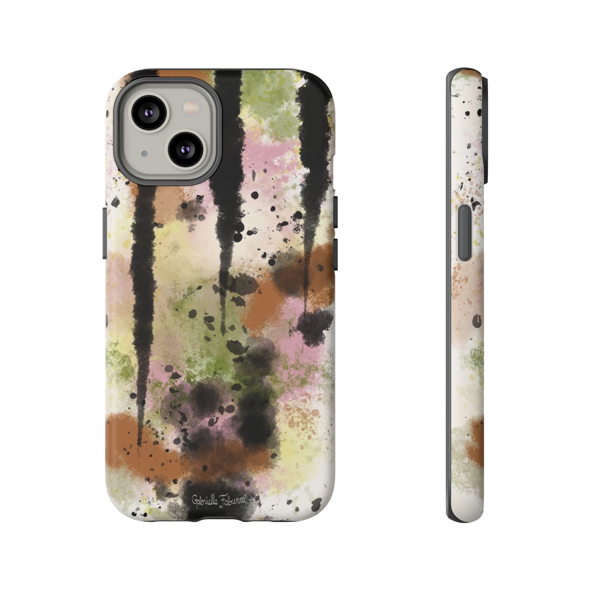 Watercolor Ink Splash Tough Phone Case — Abstract Olive, Blush & Charcoal Protective Cover