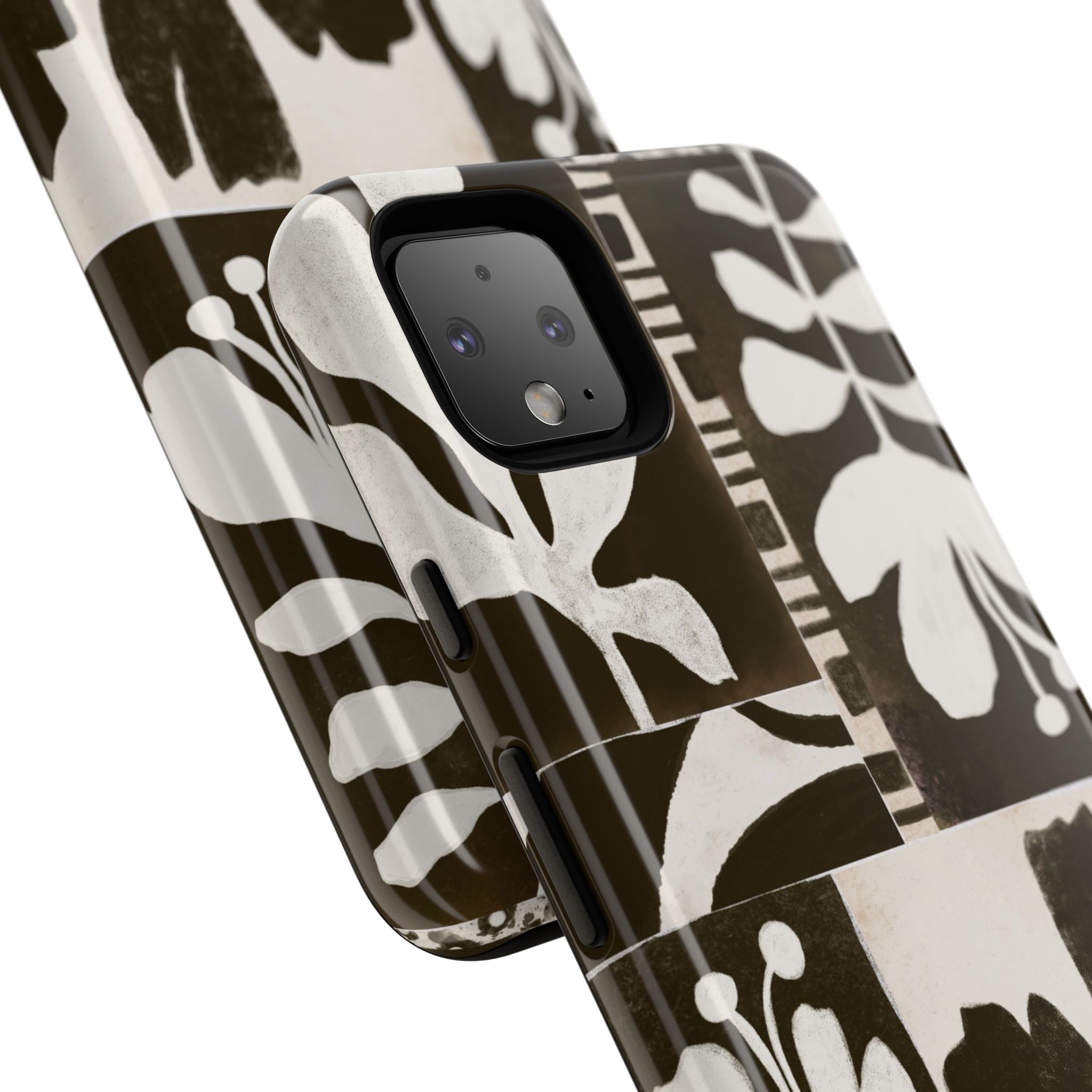 Floral Block Print Tough Phone Case — Black & White Botanical Protective Cover