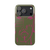 Abstract Face Line Art Slim Phone Case | Olive Green with Magenta Sketch