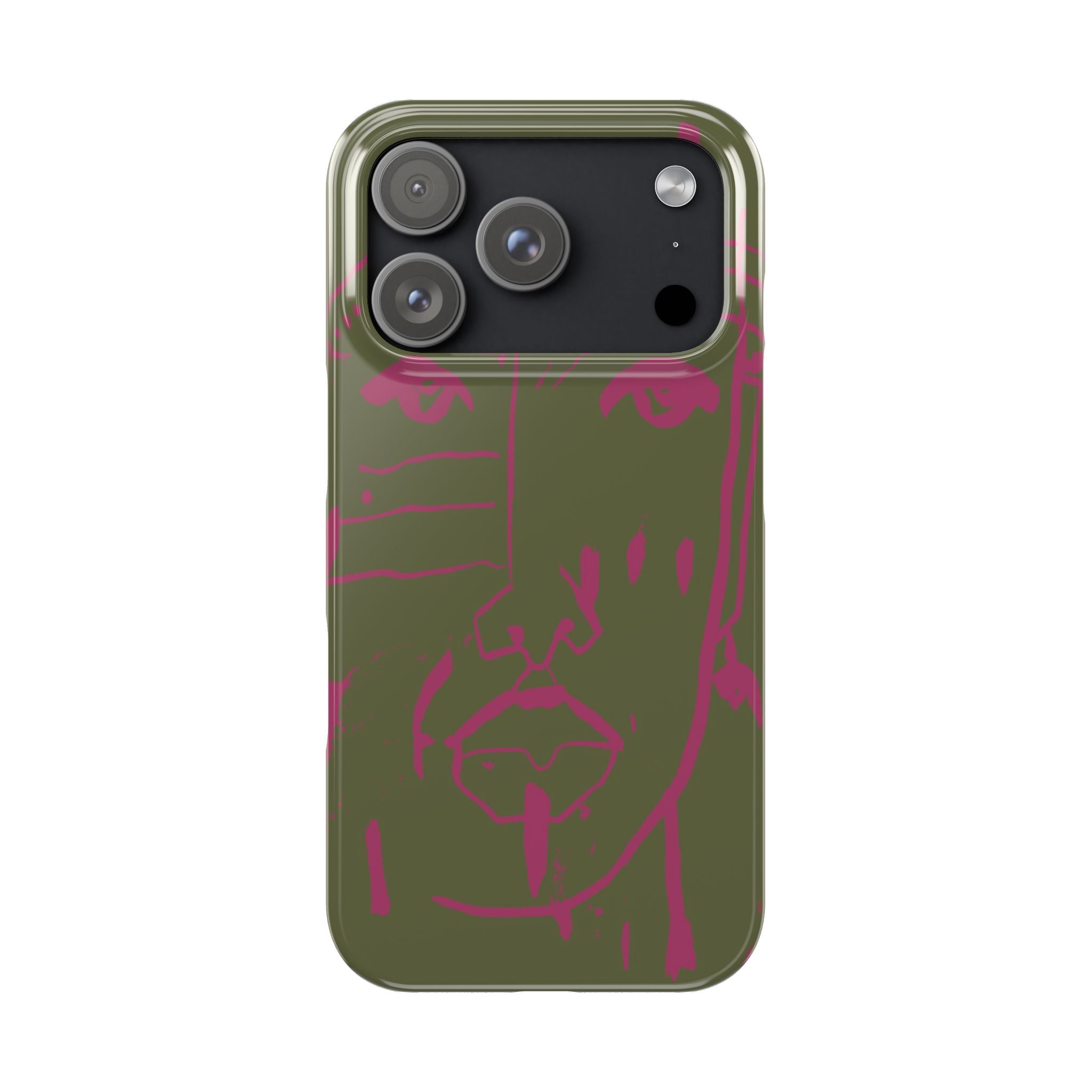 Abstract Face Line Art Slim Phone Case | Olive Green with Magenta Sketch