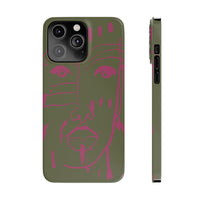 Abstract Face Line Art Slim Phone Case | Olive Green with Magenta Sketch