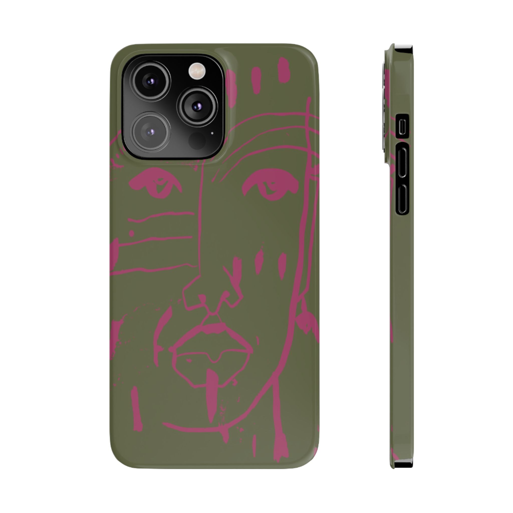 Abstract Face Line Art Slim Phone Case | Olive Green with Magenta Sketch