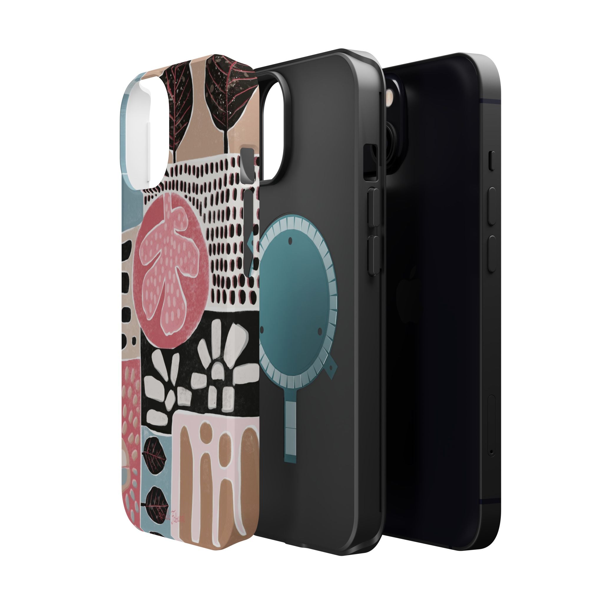 Abstract Floral Magnetic Phone Case — Impact-Resistant Protective Cover with Pink & Teal Collage Design