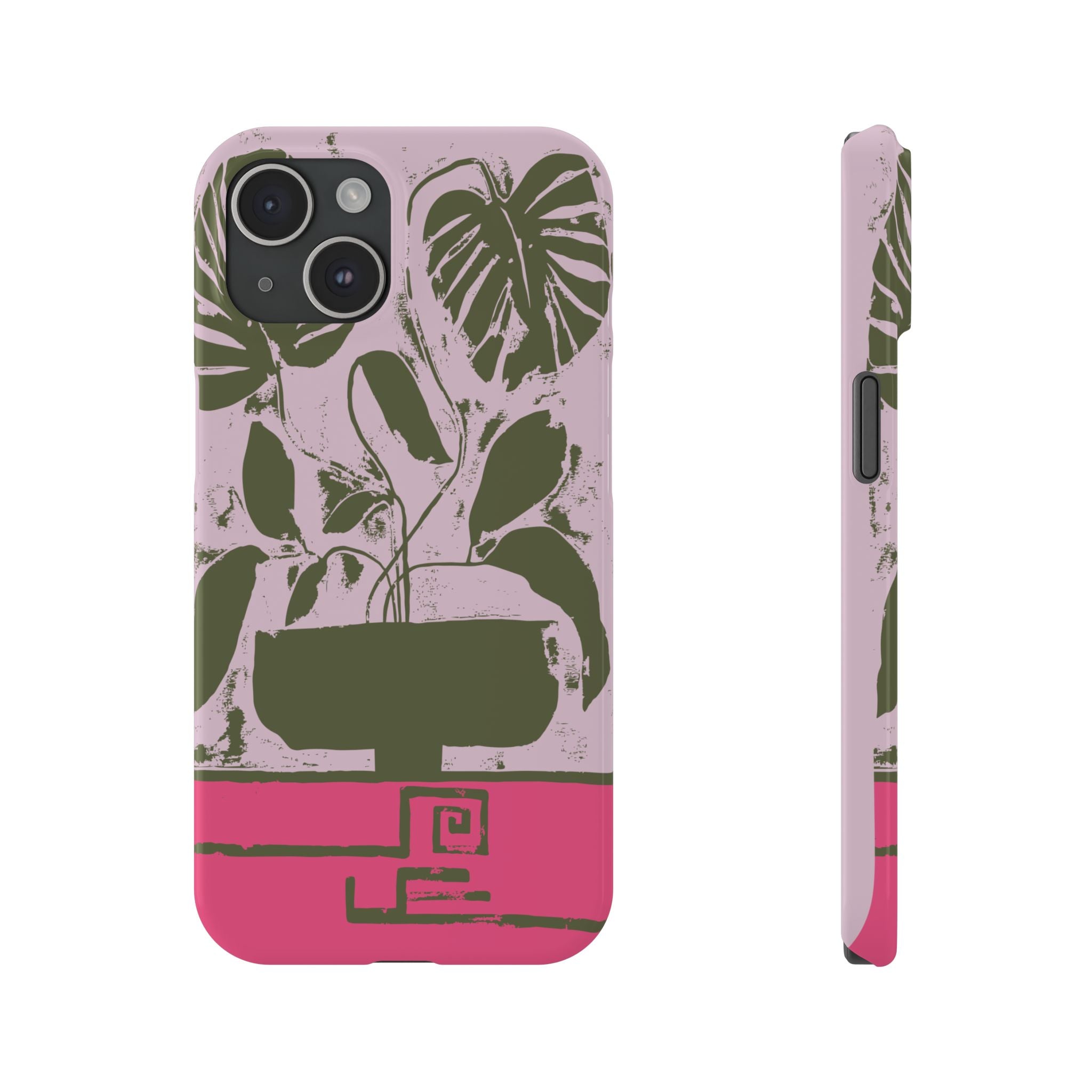 Slim Phone Case — Retro Monstera Plant Pink Green Botanical Design