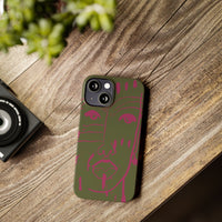 Abstract Face Line Art Slim Phone Case | Olive Green with Magenta Sketch