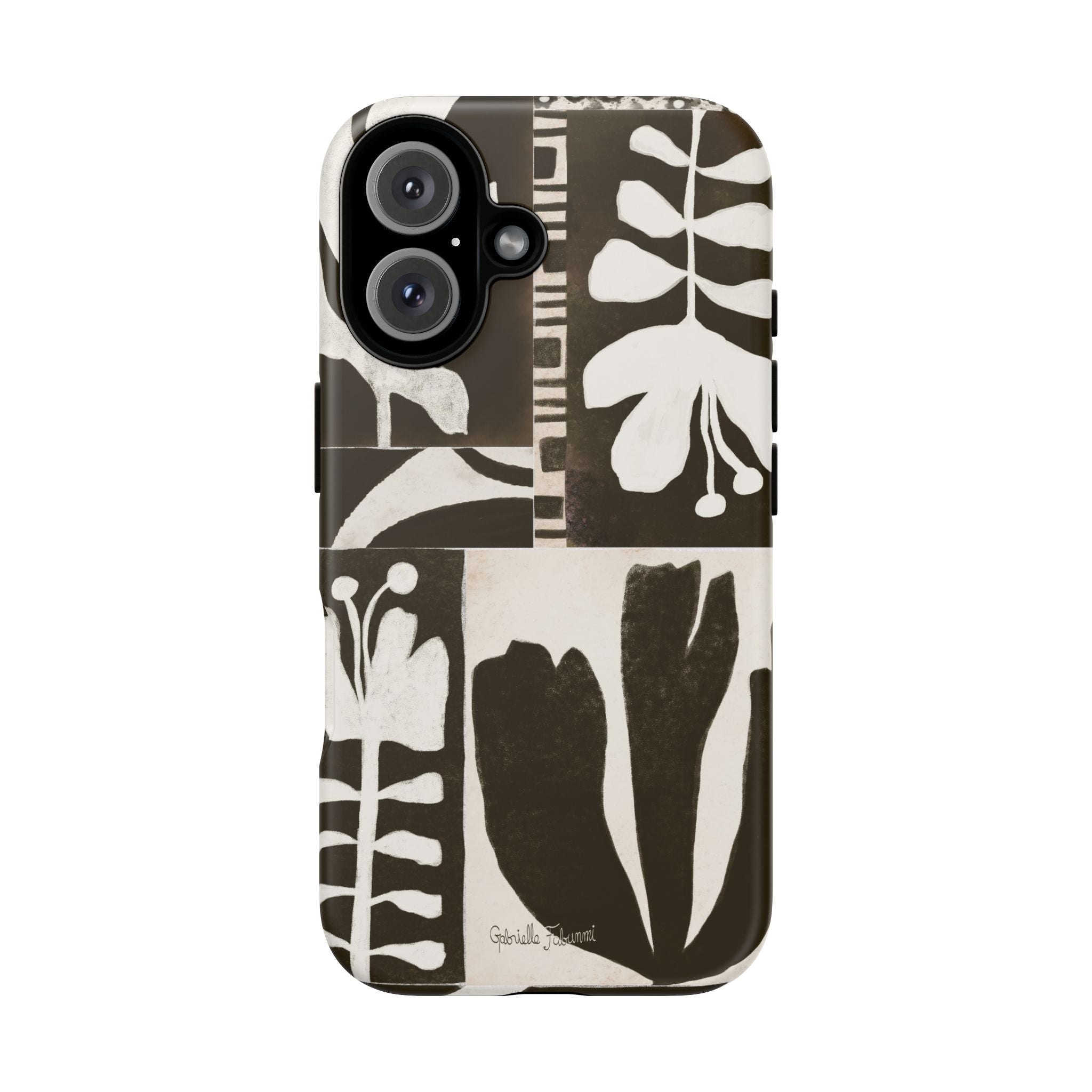 Floral Block Print Tough Phone Case — Black & White Botanical Protective Cover