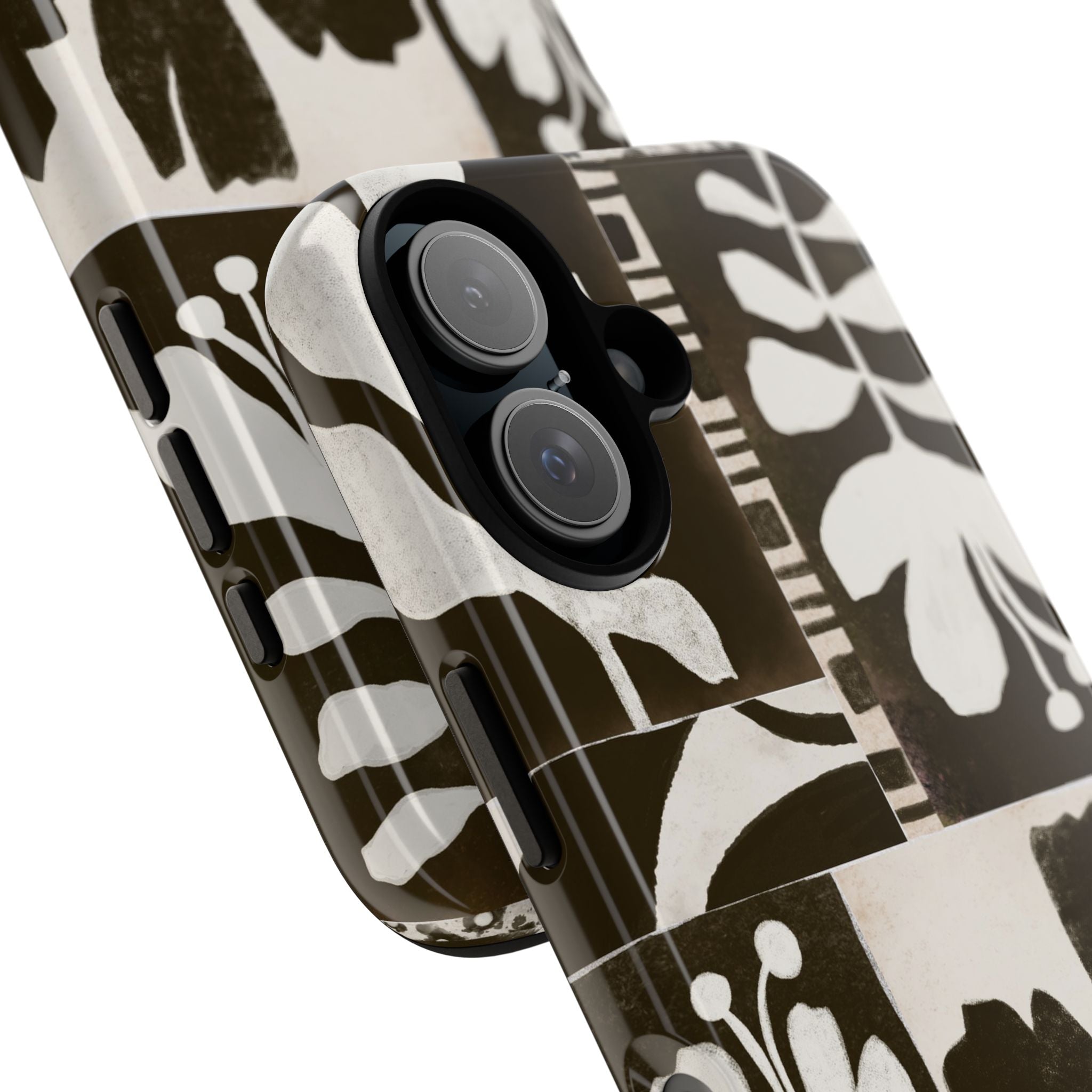 Floral Block Print Tough Phone Case — Black & White Botanical Protective Cover