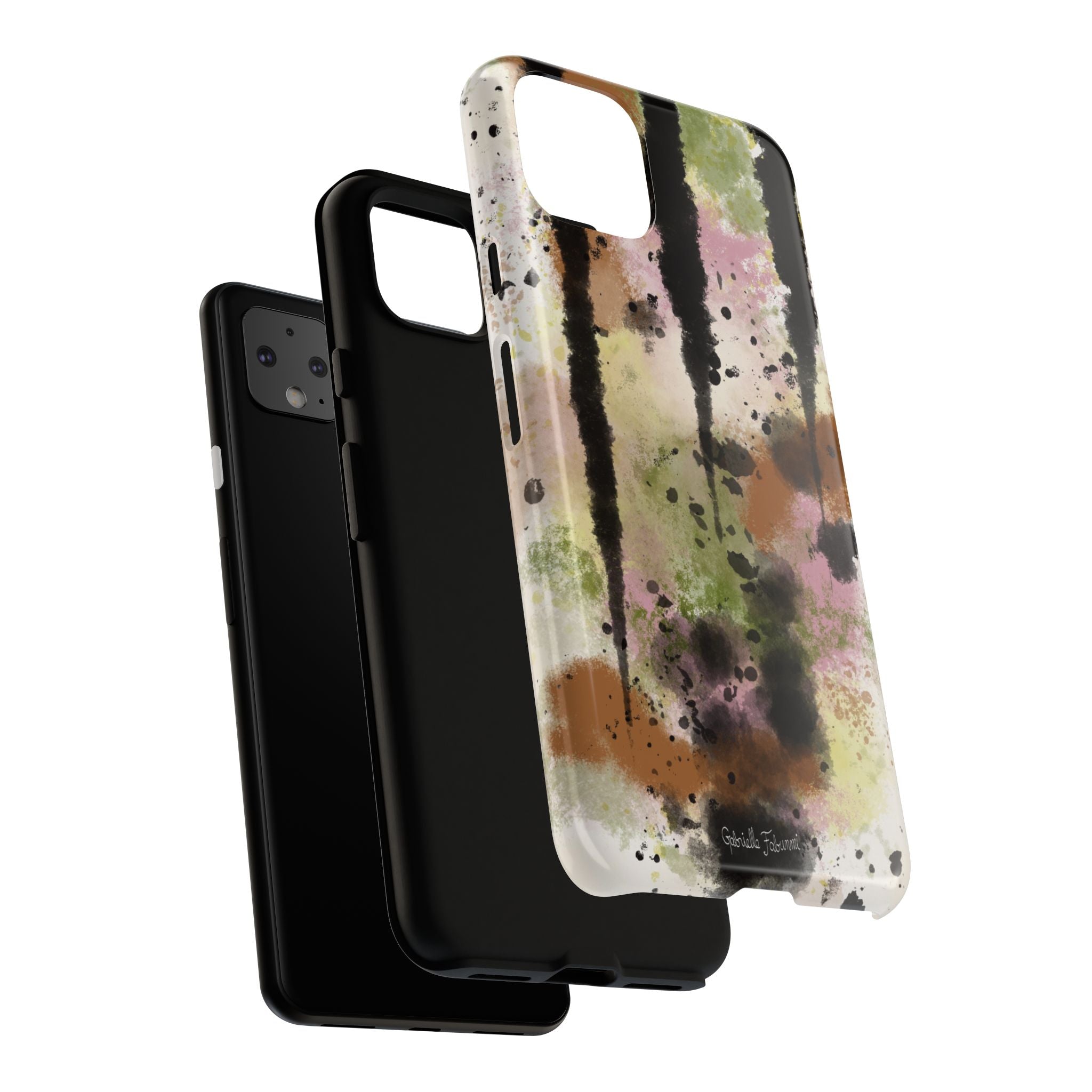 Watercolor Ink Splash Tough Phone Case — Abstract Olive, Blush & Charcoal Protective Cover