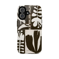 Floral Block Print Tough Phone Case — Black & White Botanical Protective Cover